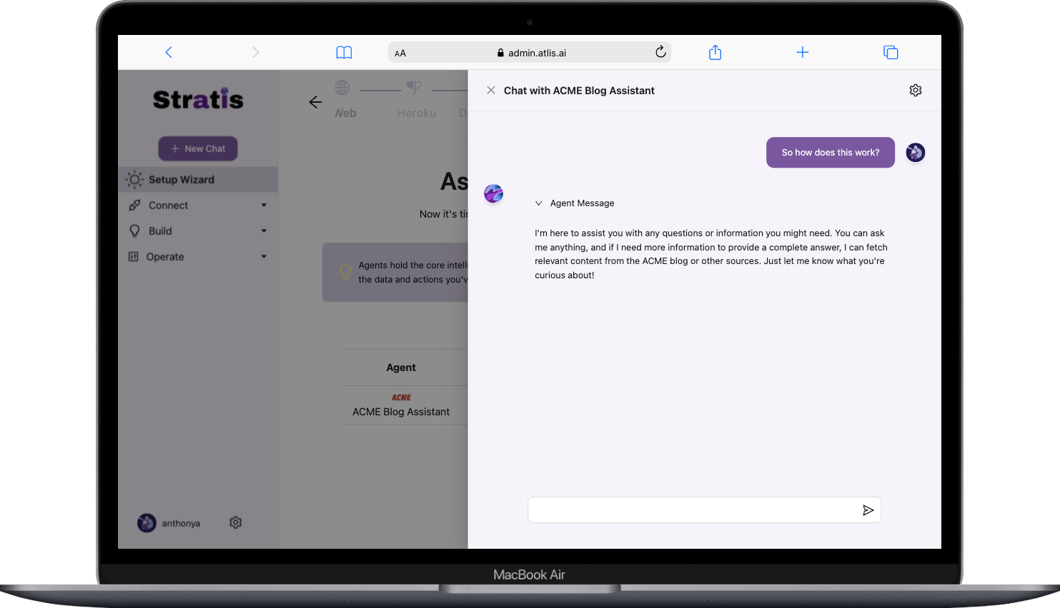 Chatting with a Stratis AI agent in the admin UI