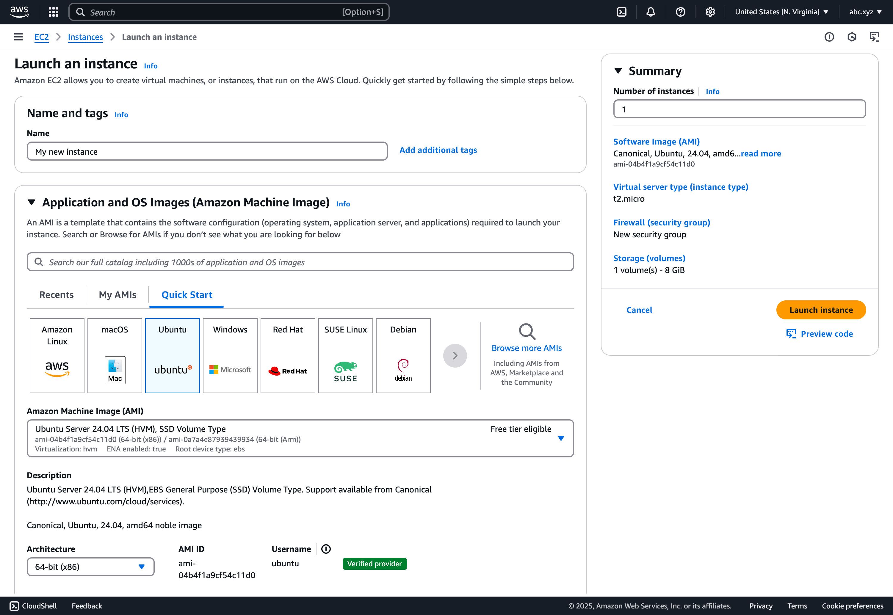 Launch an instance AMI window of the EC2 Dashboard