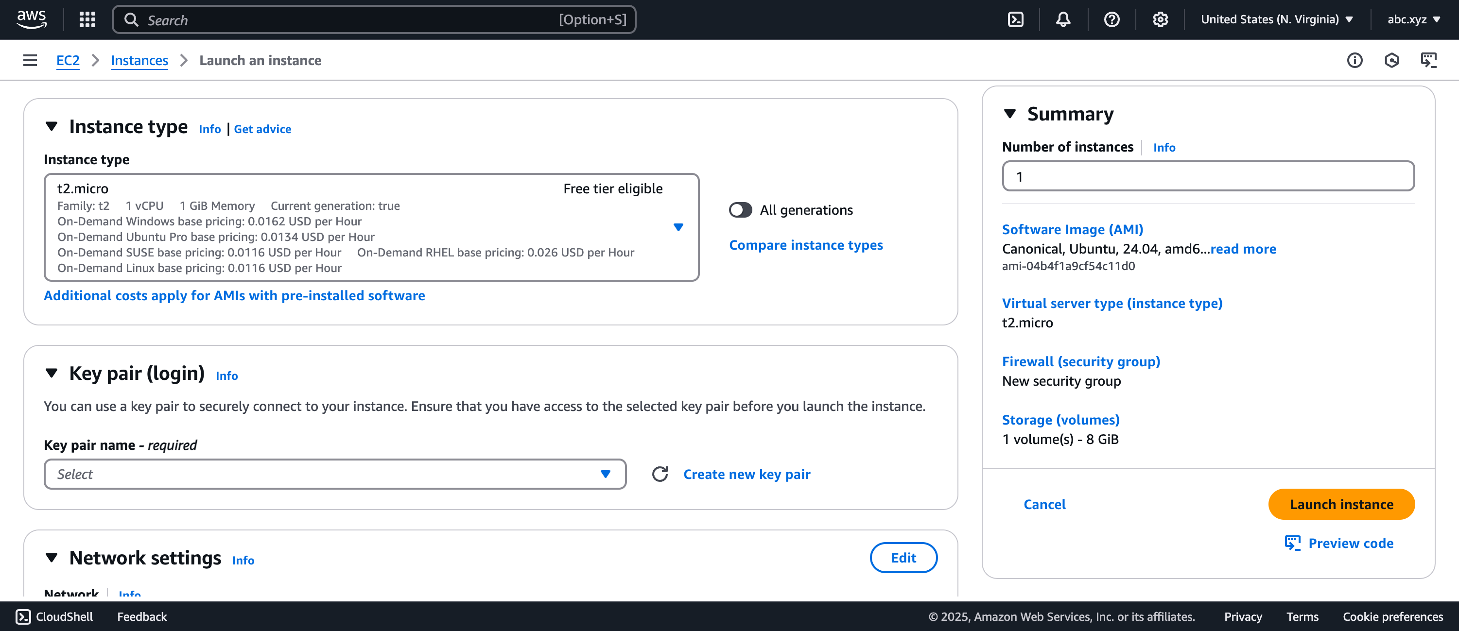 Launch an instance Instance Type window of the EC2 Dashboard