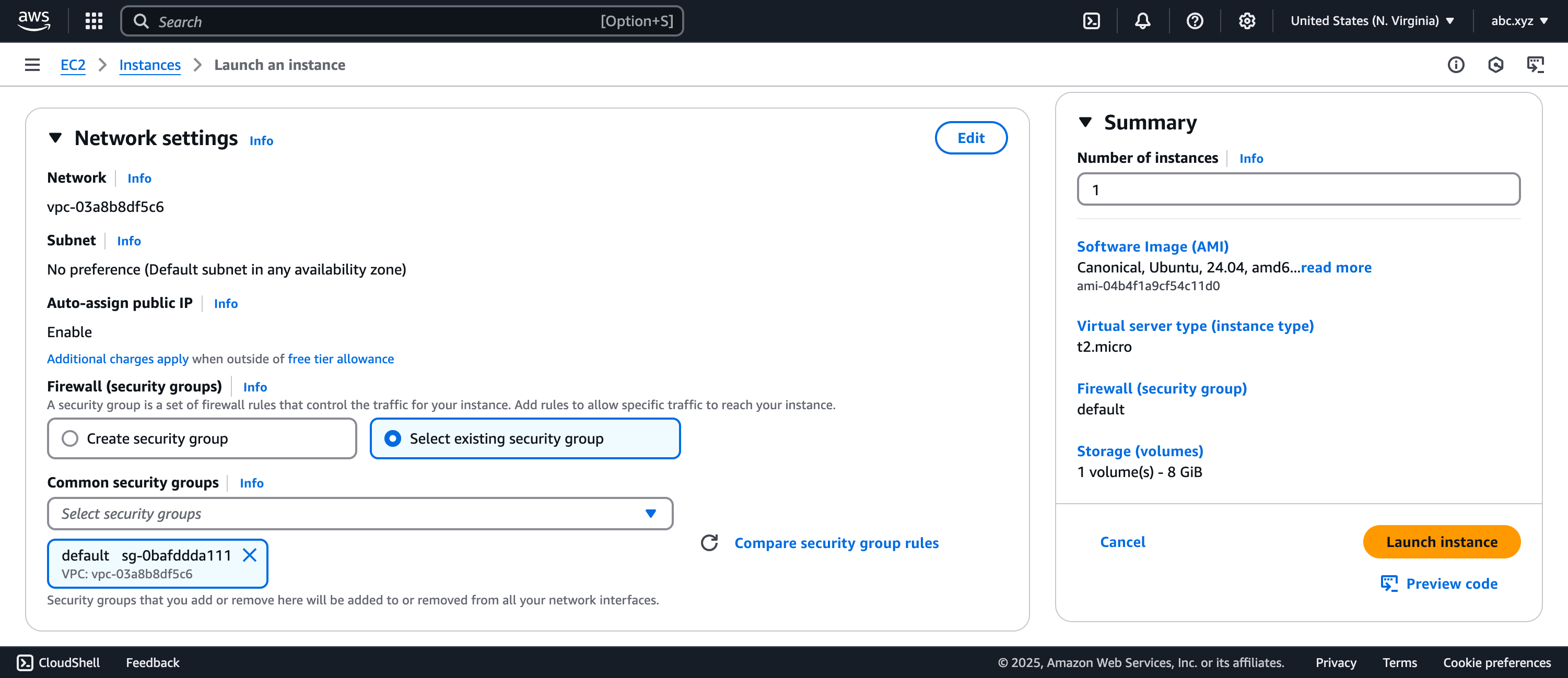 Launch an instance Network Settings window of the EC2 Dashboard