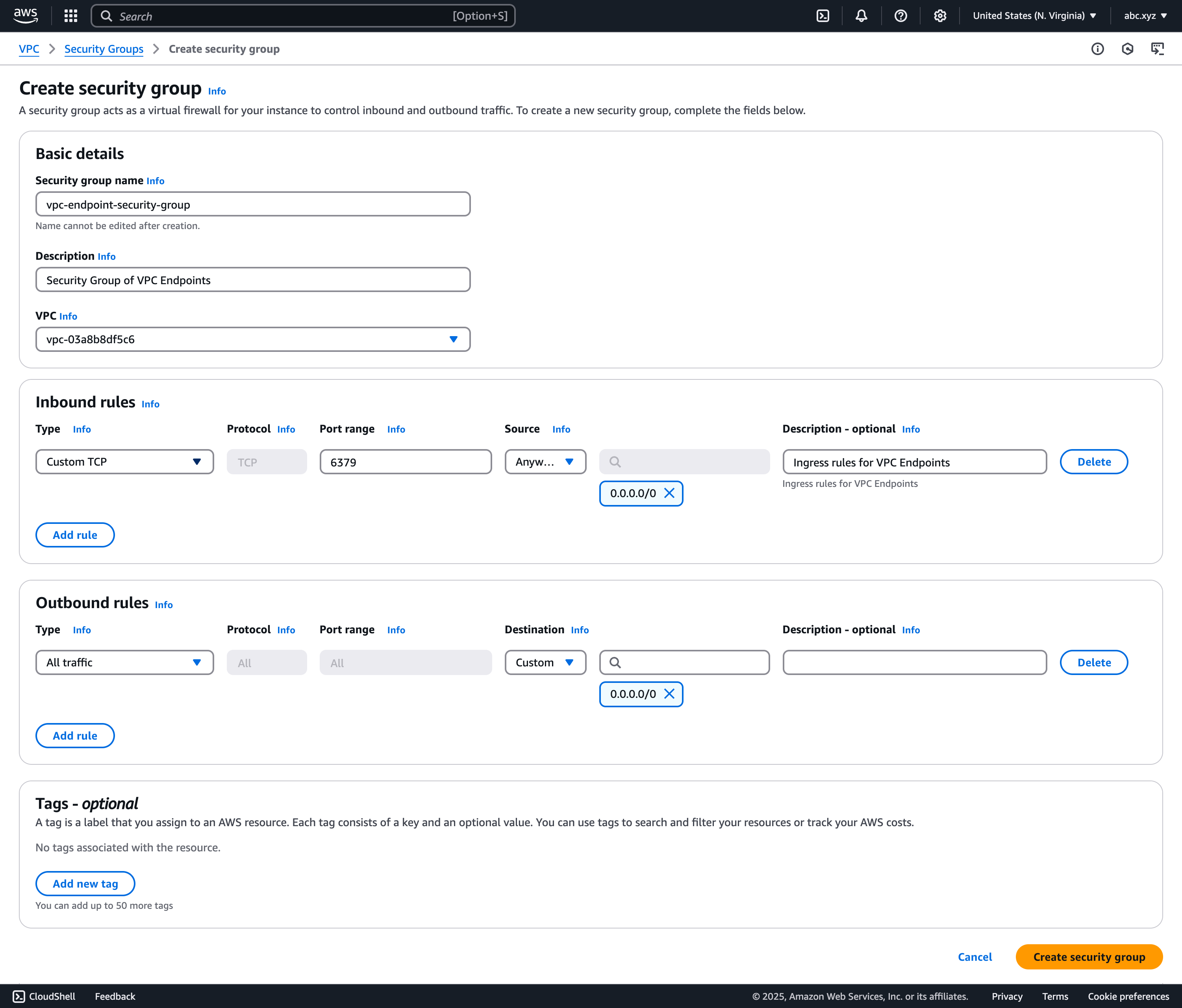 The Create security group window on the AWS Console