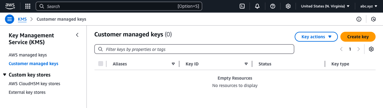 KMS console create key