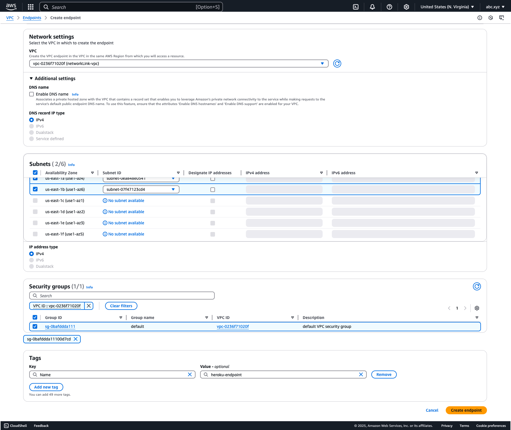 The Network Settings, Subnets, and Security Groups section of the Create Endpoint window on the AWS Console