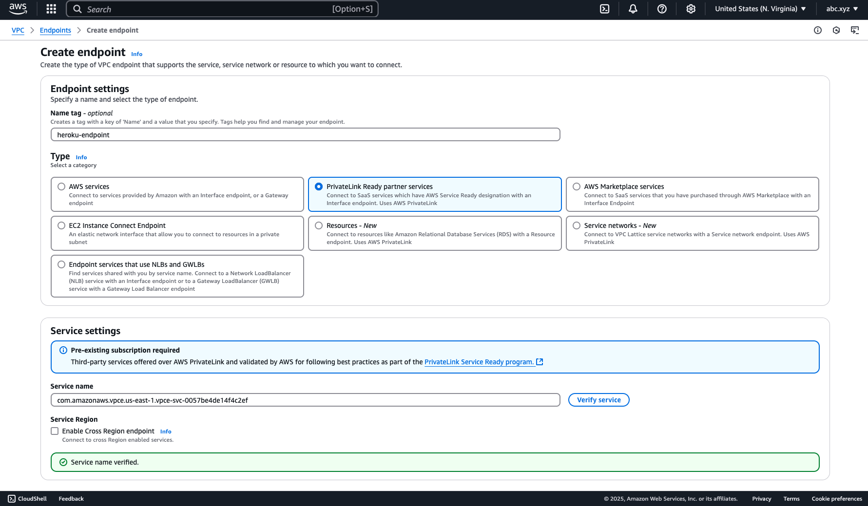 The Create Endpoint window on the AWS Console