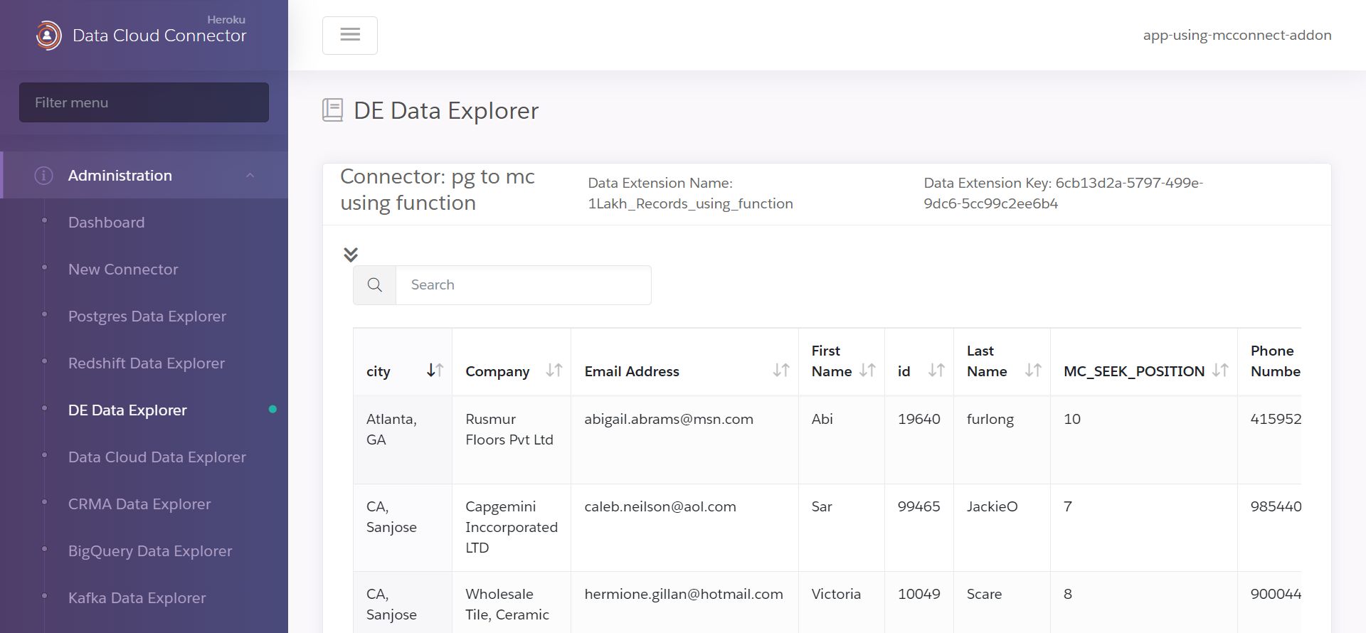 A screenshot of synced marketing data in the Data Extension (DE) Data Explorer.