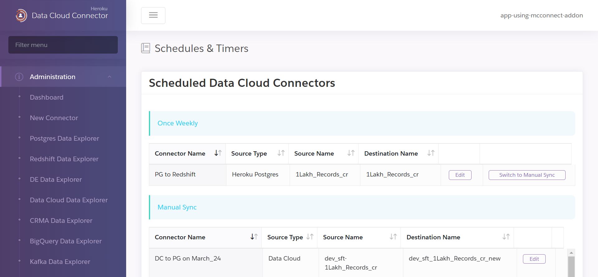 A screenshot of the Schedules and Timers add-on settings page showing two connectors, "Orders" and "Subscribers," with the option to edit them.