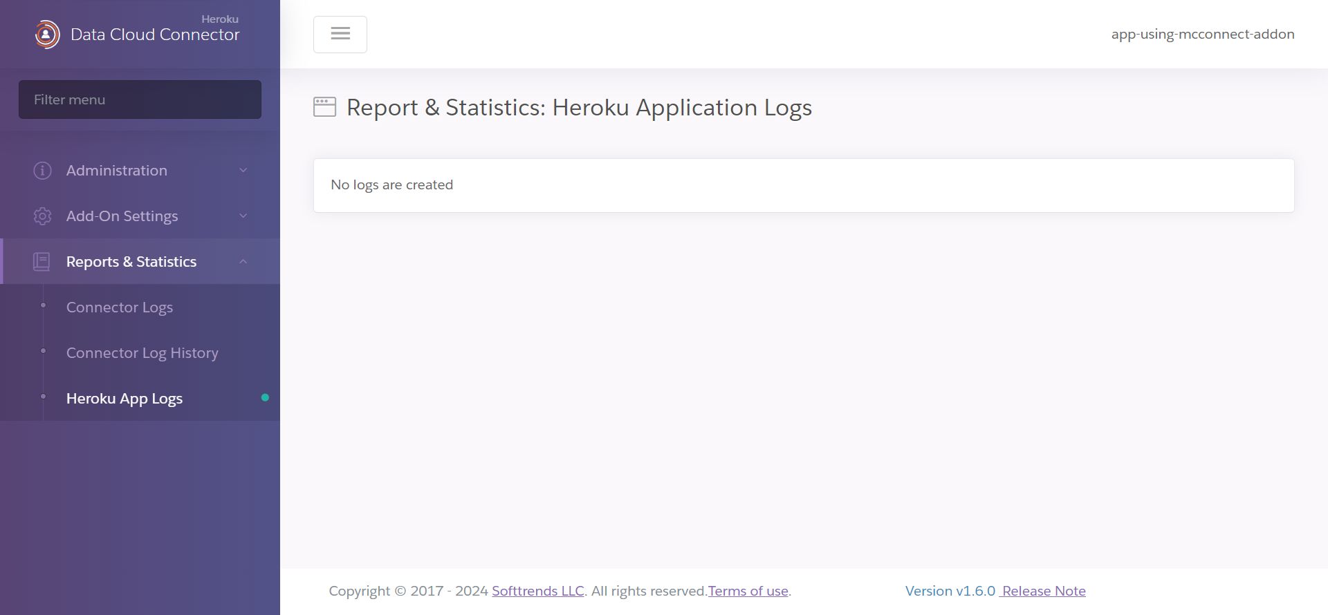 A screenshot of the Heroku Application Logs page showing a sample of the logs from the app Data Cloud & Marketing Connector is attached to.