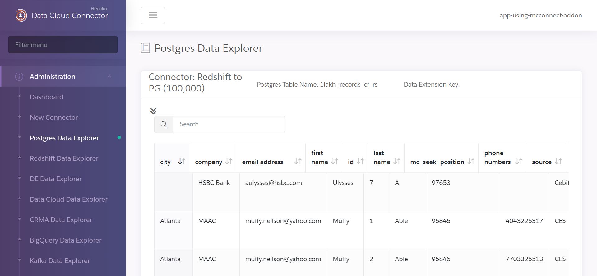 A screenshot of Postgres Data Explorer.