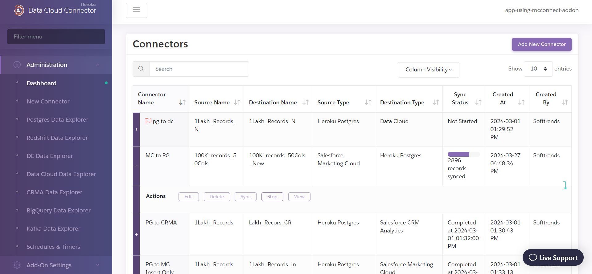 A screenshot of the Dashboard displaying configured connectors and their syncing statuses.