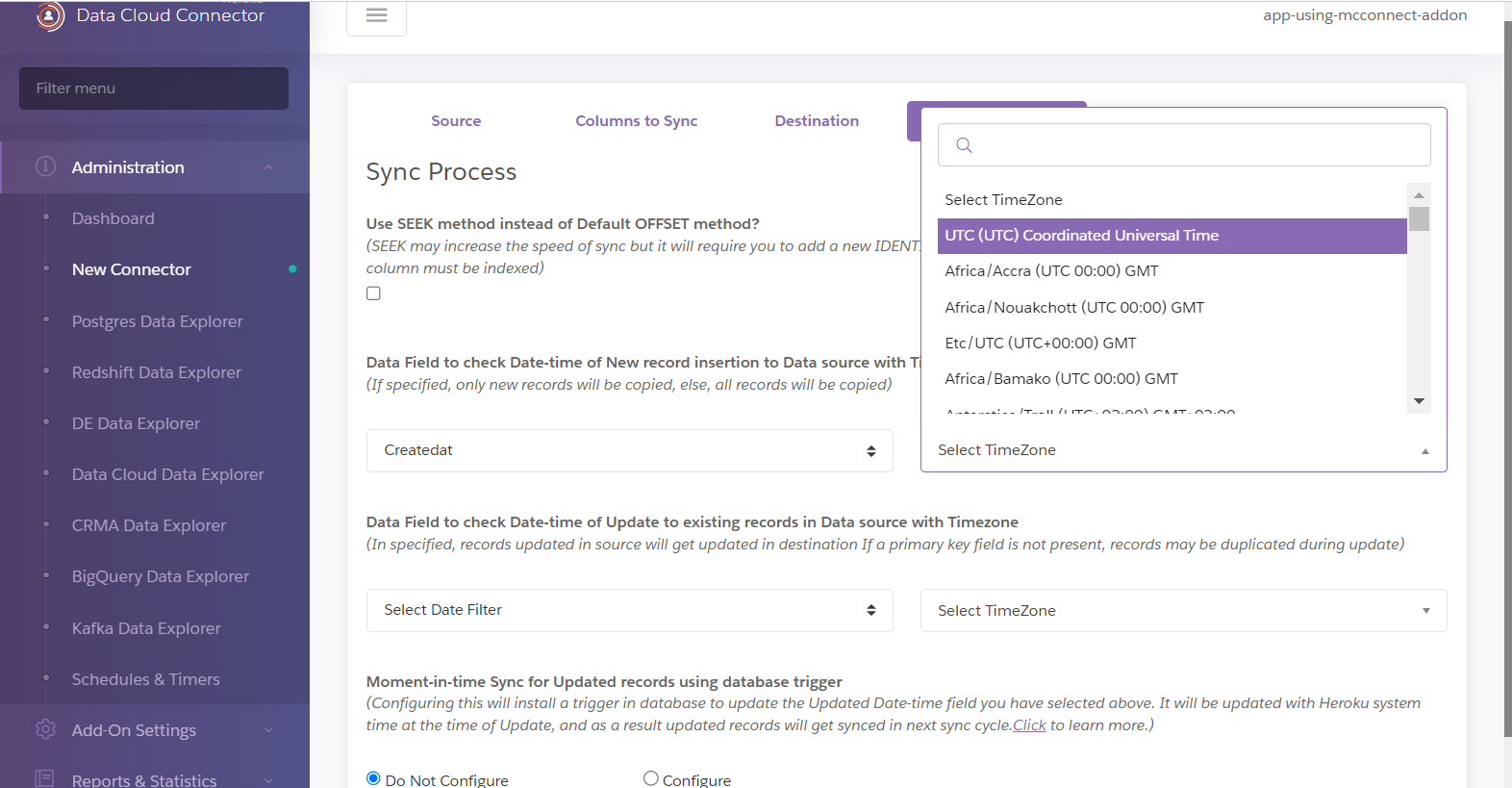 A screenshot defining the timestamp field for new records and its timezone in the Sync Process settings.