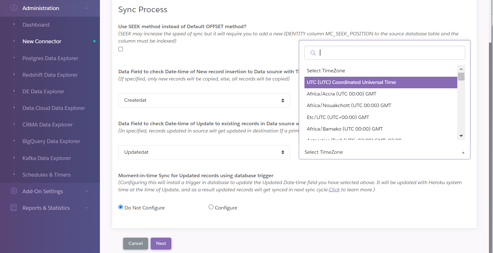 A screenshot defining the timestamp field for updated records and its timezone in the Sync Process settings.